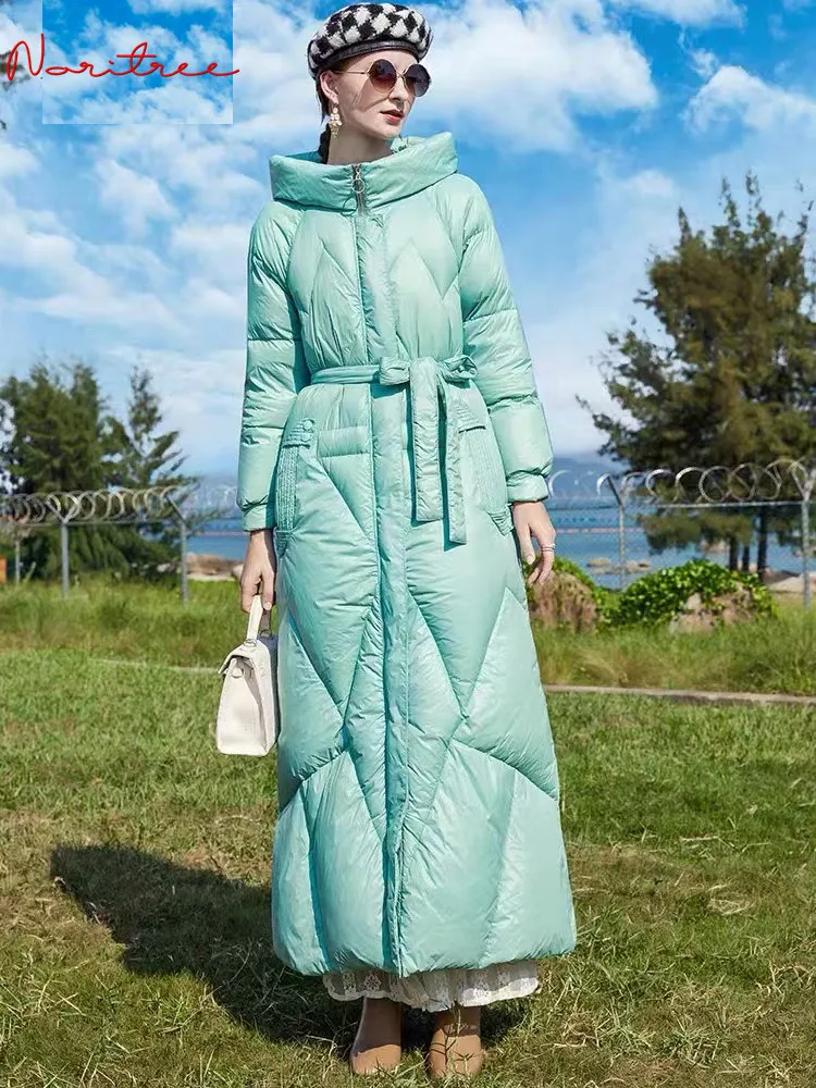 

130cm Super Longer Hooded Down Coats Thicker warm Fluffy Down Coat Female Fashion Light Green Fluffy Down Parkas wy1087