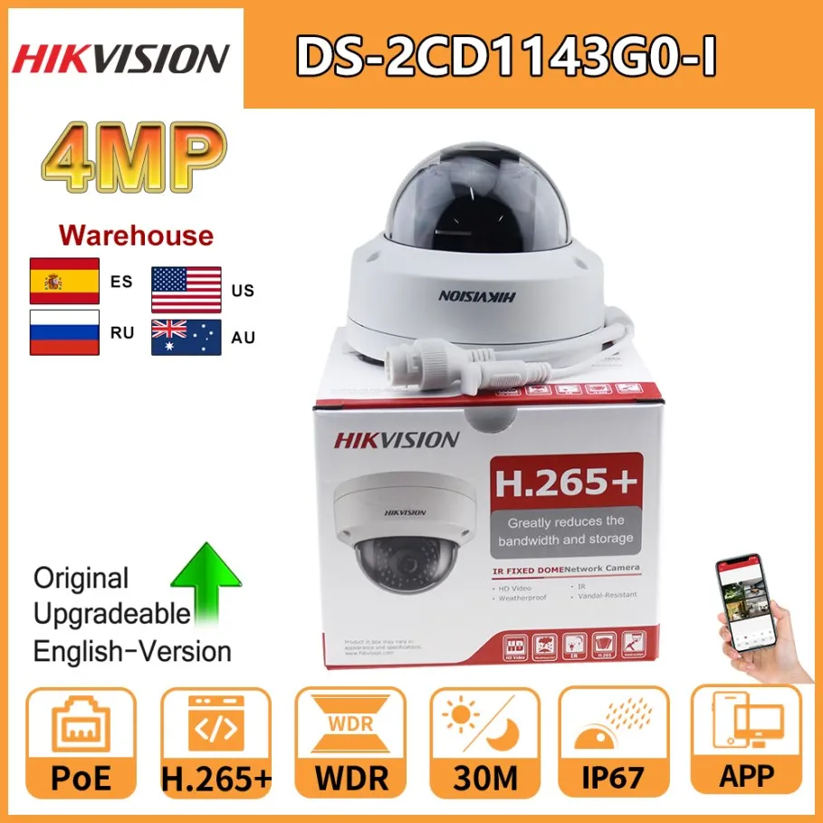 

Hikvision 4MP PoE IP Camera DS-2CD1143G0-I Network Dome CCTV Cameras 30M IR Security Camera Motion detection Self Defense IP67