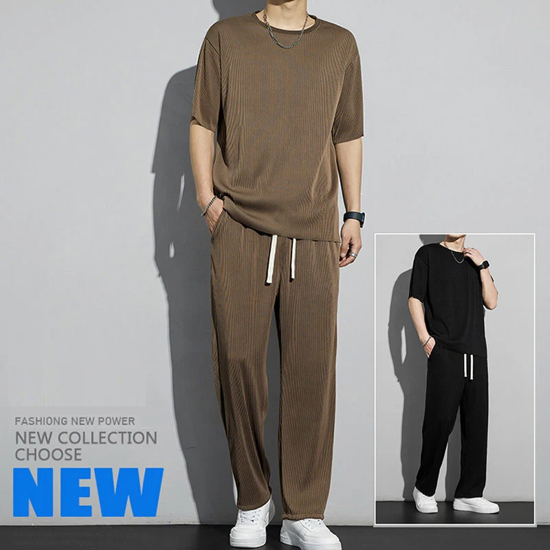 New Ice Silk Sports Set Men's Summer Thin Tracksuit Men 2023 Casual Long Pants Short Sleeve T-shirt Quick Drying Clothes Sets