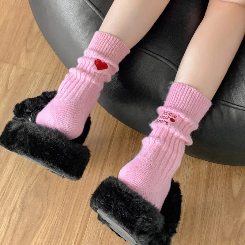 Cashmere Middle Tube Harajuku Kawaii Socks Autumn Winter New Pure Color Women Socks Embroidery Lover Socks Women