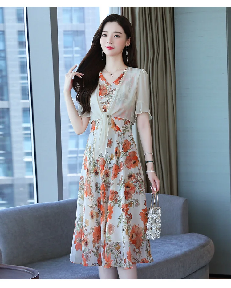 Dress suit women's fashion 2022 summer new style Korean style bandage retro printed chiffon dress chiffon blouse two-piece suit