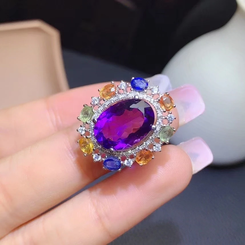 

【M&T】New Natural amethyst Ring Women's ring 925 sterling Silver exquisite classic Oval gemstone party gift engagement wedding