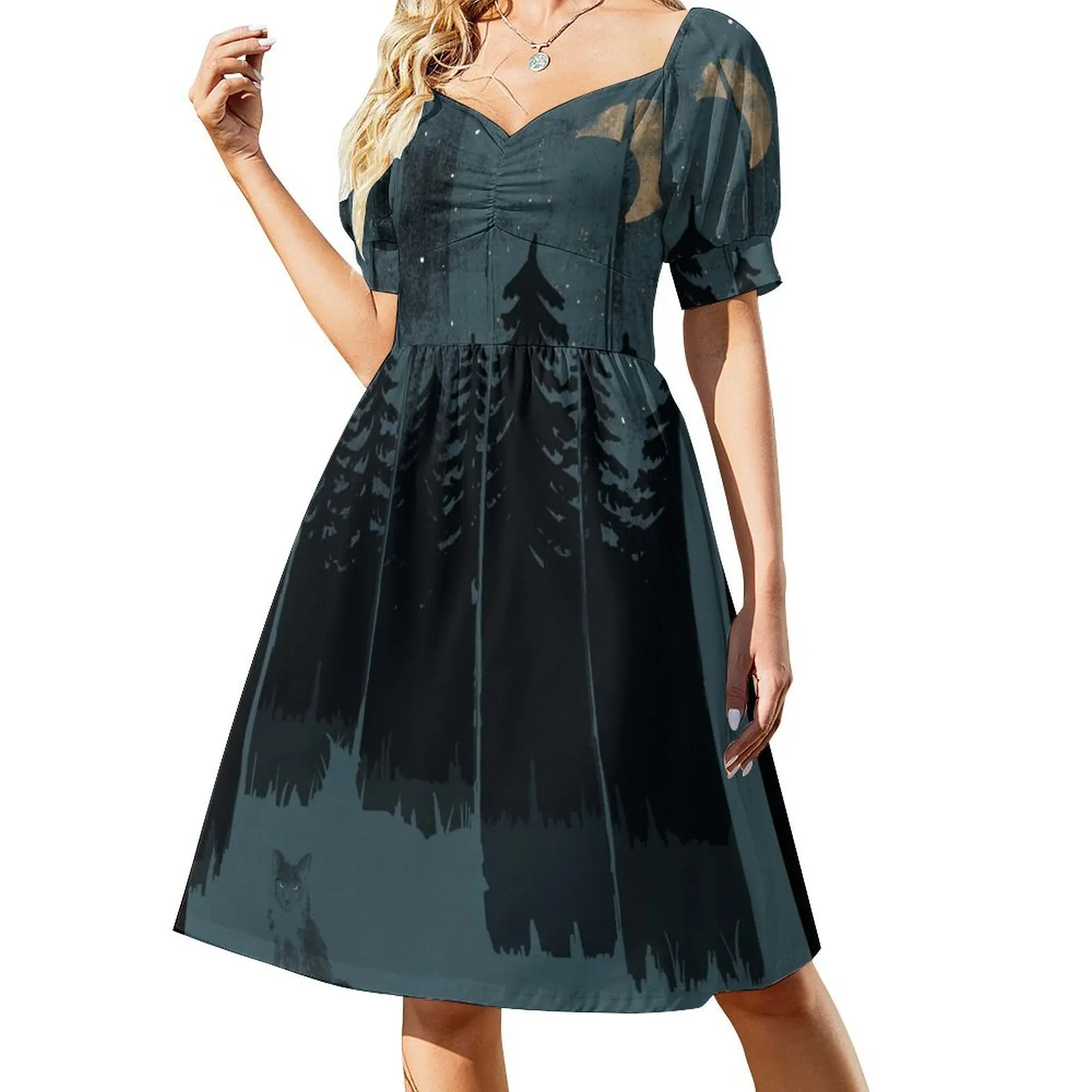 thumbnail image 1 of Un zorro en la noche salvaje Vestido de manga corta Mujer moda vestidos de lujo Vestido, 1 of 7