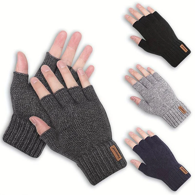 

Half finger gloves for men winter warm and cold leak five finger couple female students knitted wool write