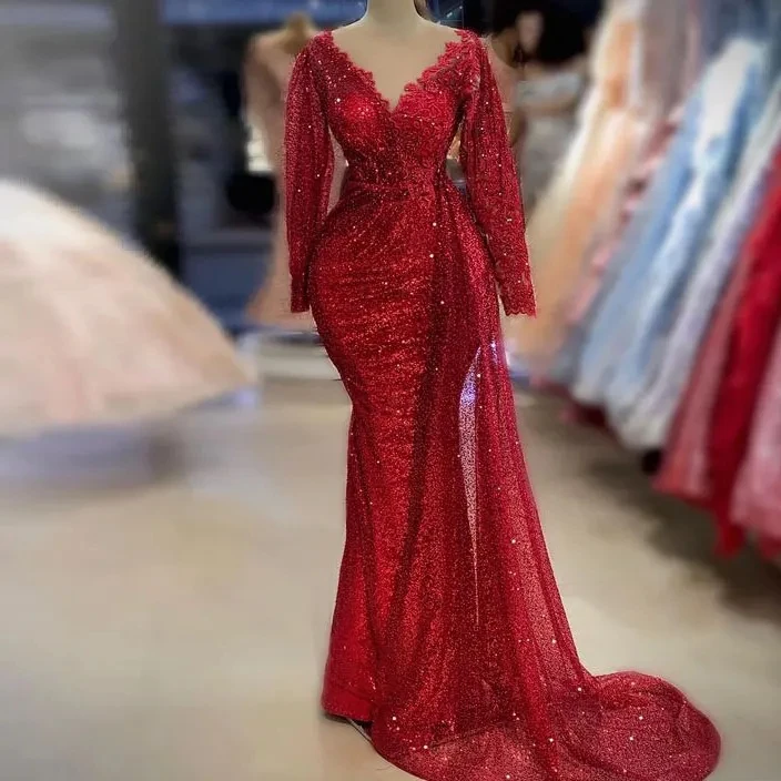 

Charming Red Evening Dresses 2022 Mermaid Long Sleeves V Neck Formal Party Celebrity Gowns Robe De Soiree Arabic