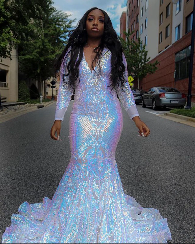 New Arrival Long Prom Dresses 2022 Sheer O-neck Sparkly Long Sleeve Sexy Mermaid African Black Girls Brithday Prom Gowns prom gowns