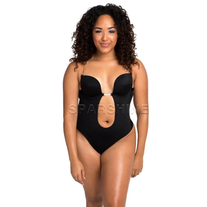 Women Sexy Deep V Waist Trainer Body Shaper Backless Bodysuit Clear Strap Flat Belly Push Up Padded Bra Shapewear