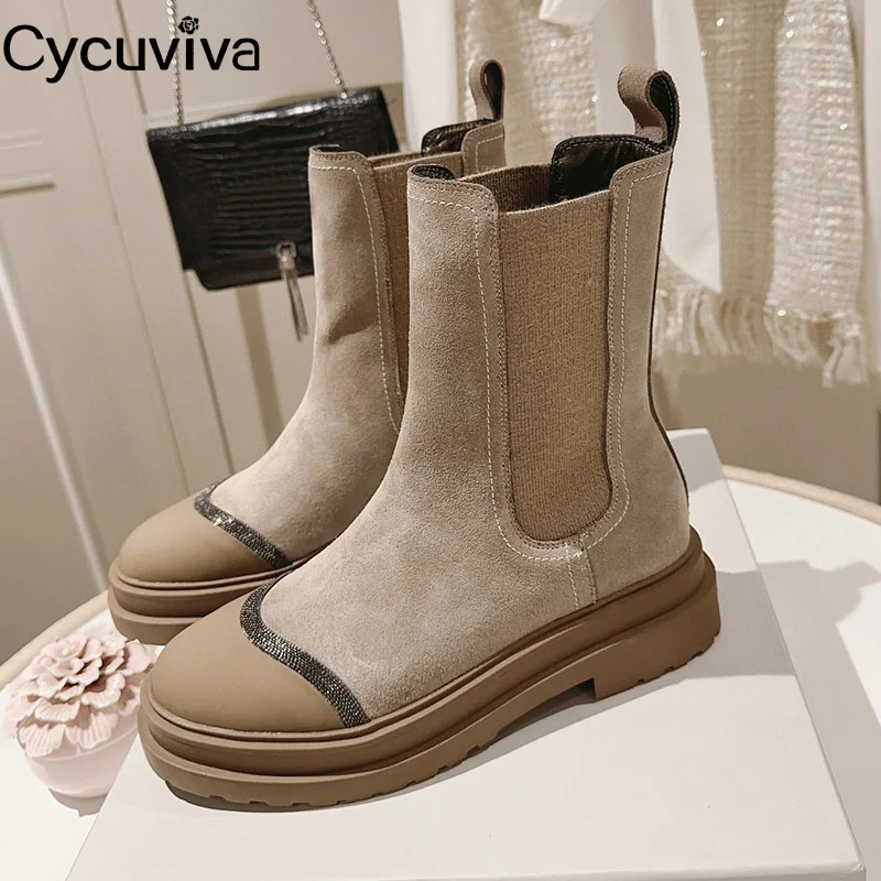 

New Round Toe Suede Leather Mid Calf Boots Women Khaki Chunky Heel Chelsea Boots 2023 Winter Casual Platform Designer Boot Women