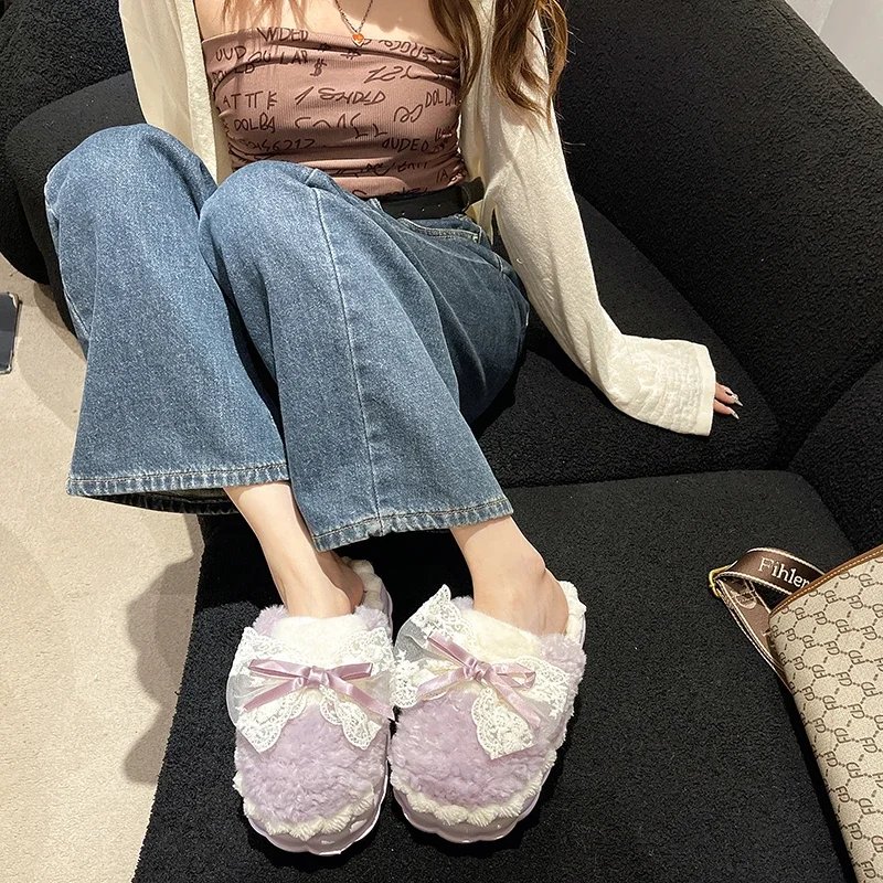 

Женские теплые тапочки на платформе, с бантом, на плоской подошве, зимние шлепанцы для дома, хлопковые повседневные шлепанцы с коротким плюшем, 2023