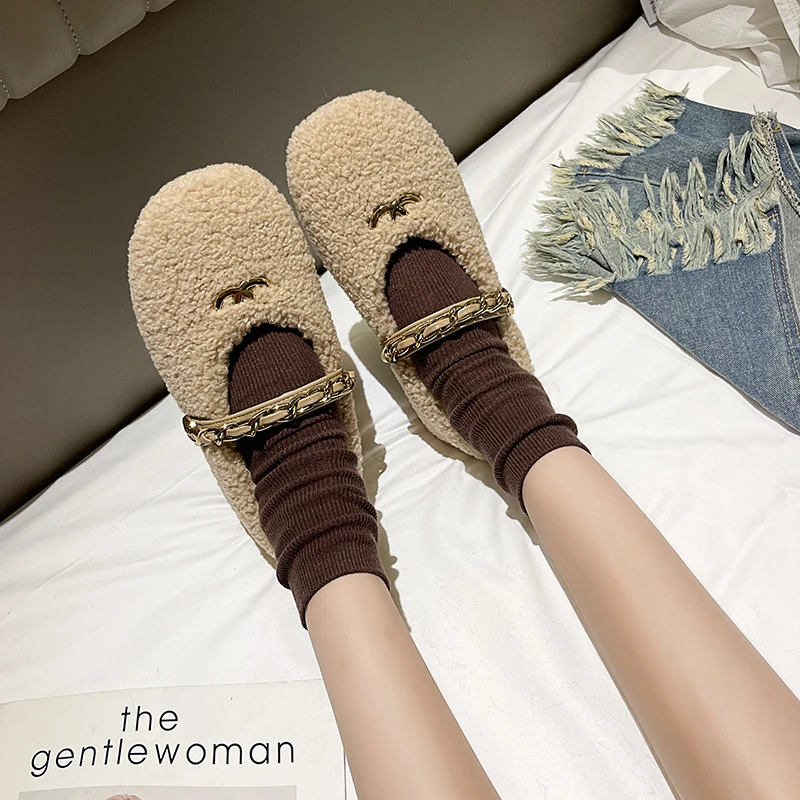Aphixta Metal Chain Dec Slip On Flats Soft Fleeces Shoe Shallow Furry Flat With Women Loafers  Slip On Warm Winter Casual Shoes