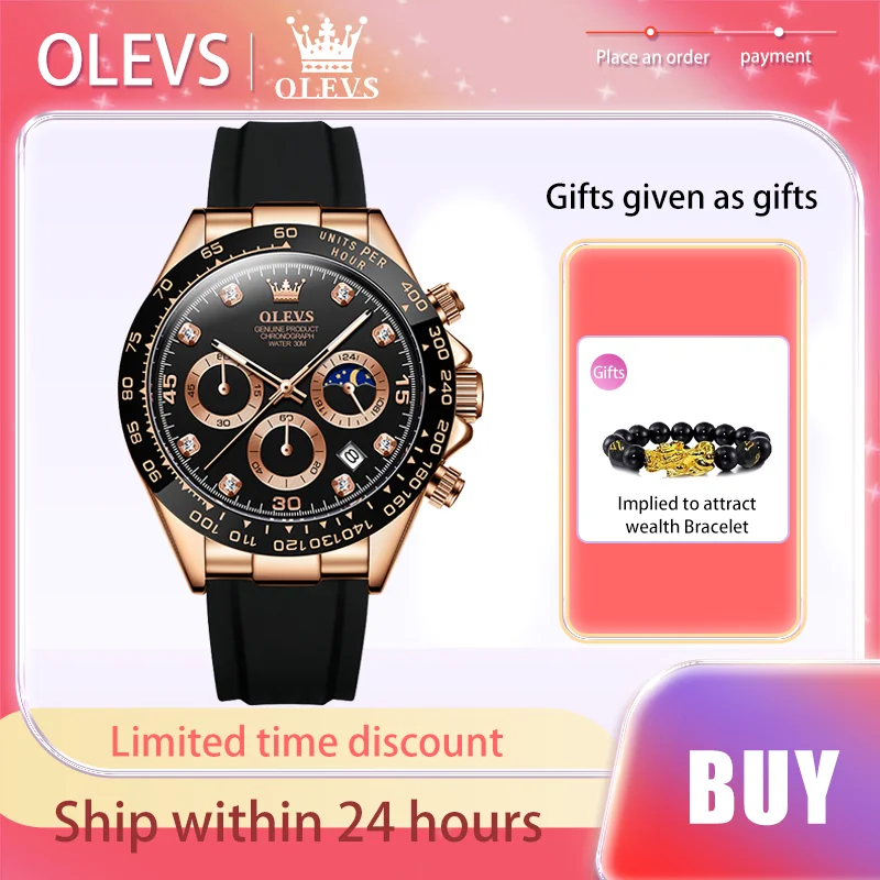 

OLEVS Original Brand Men's Quartz Watch Waterproof Silicon Tape Men Watch Moon Phase Calendar Diamond Dial Wristwatch Business