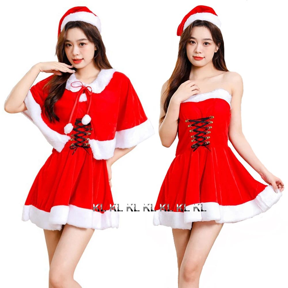 

Christmas Velvet Dress Xmas Lady Cosplay Costume Bandage Strapless Dress +Santa Claus Hat +Cape Winter Women And Girl Kawaii Set