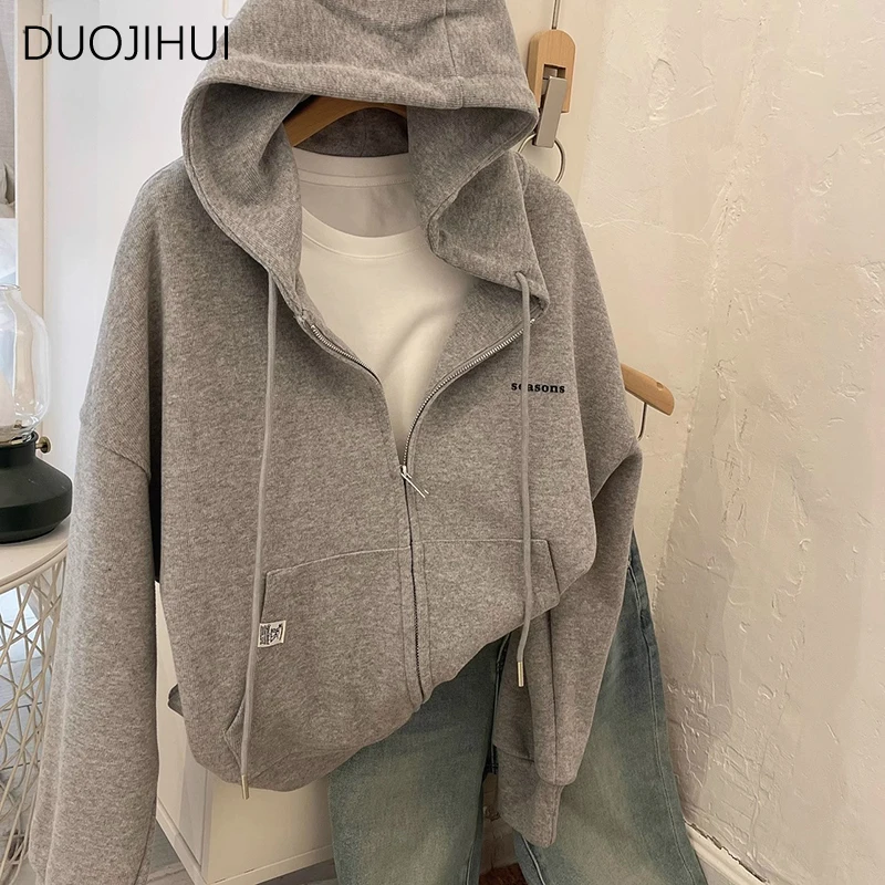 DUOJIHUI Advanced Grey Chic Letter Embroidery Female Hoodies Spring Fashion Drawstring Simple Hooded Casual Loose Women Hoodies