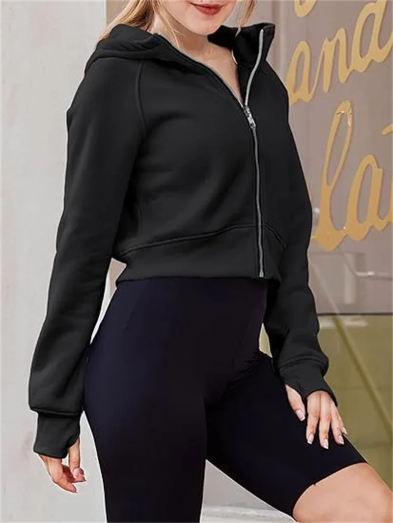 Women New Zipper Cardigan Solid Color Short Hoodie Autumn Winter Thickened Warm Hooded Sweatshirt Female Casual Sports Outerwear