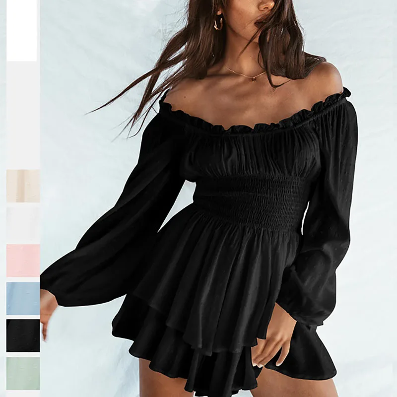 

Summer haute couture women's pleated word-neck long-sleeve casual ruffle jumpsuit