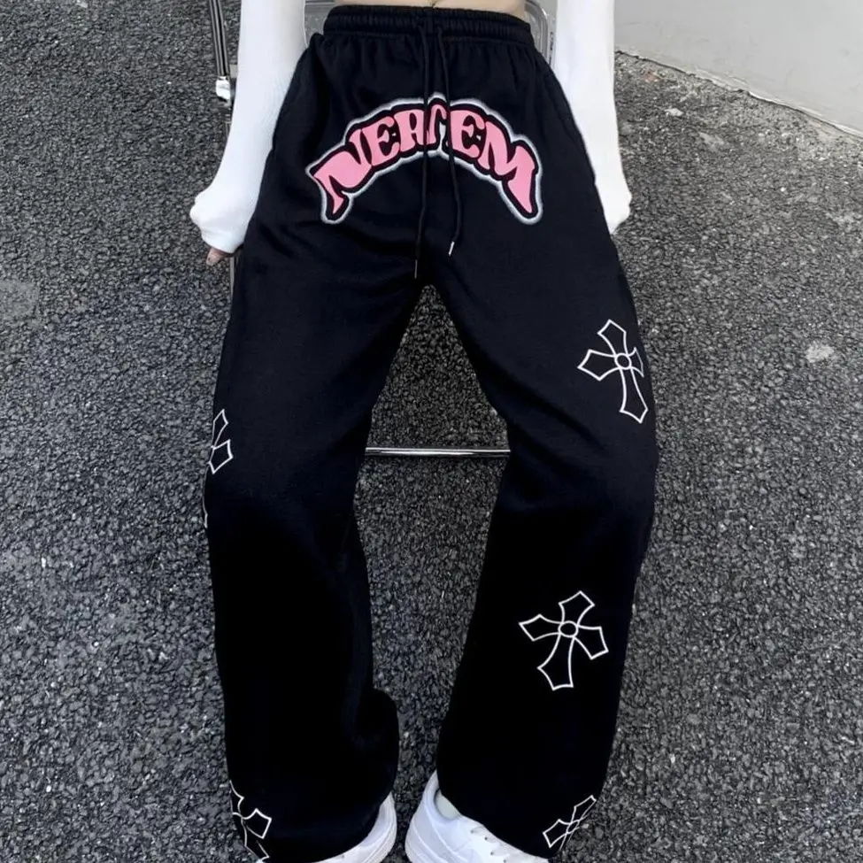 Streetwear Fashion Women Sweatpants Spring Summer Hip Hop Vintage Cross Printing Elastic Waist Jogging Sports Casual Trousers