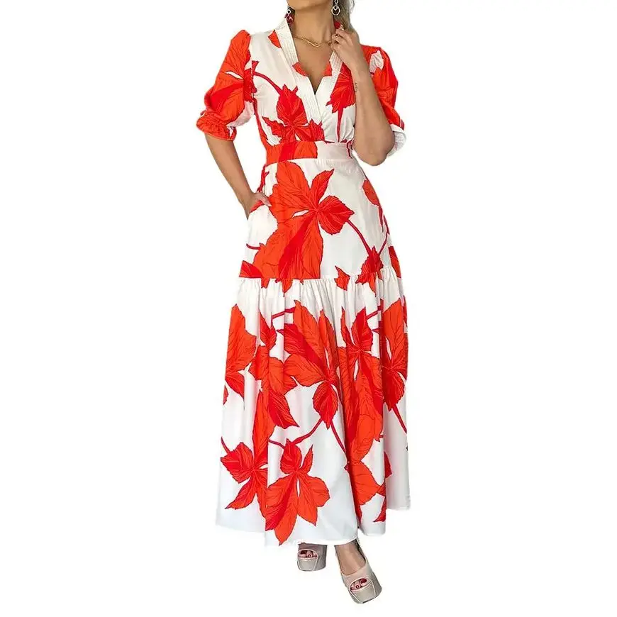 女性用ロングフローラルプリントドレス,Vネック,半袖,ルーズ,ラージ