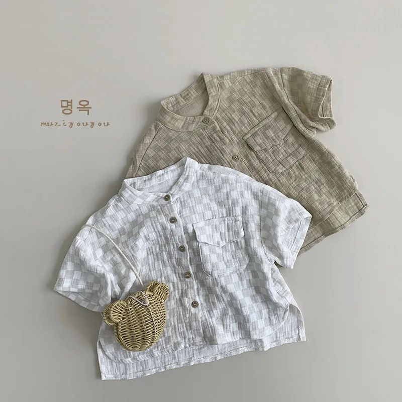 HZMY-Children's Plaid Shirt Summer Boys and Girls Thin Pure Cotton Short Sleeve Tops Children Toddler Baby Japanese Children's C