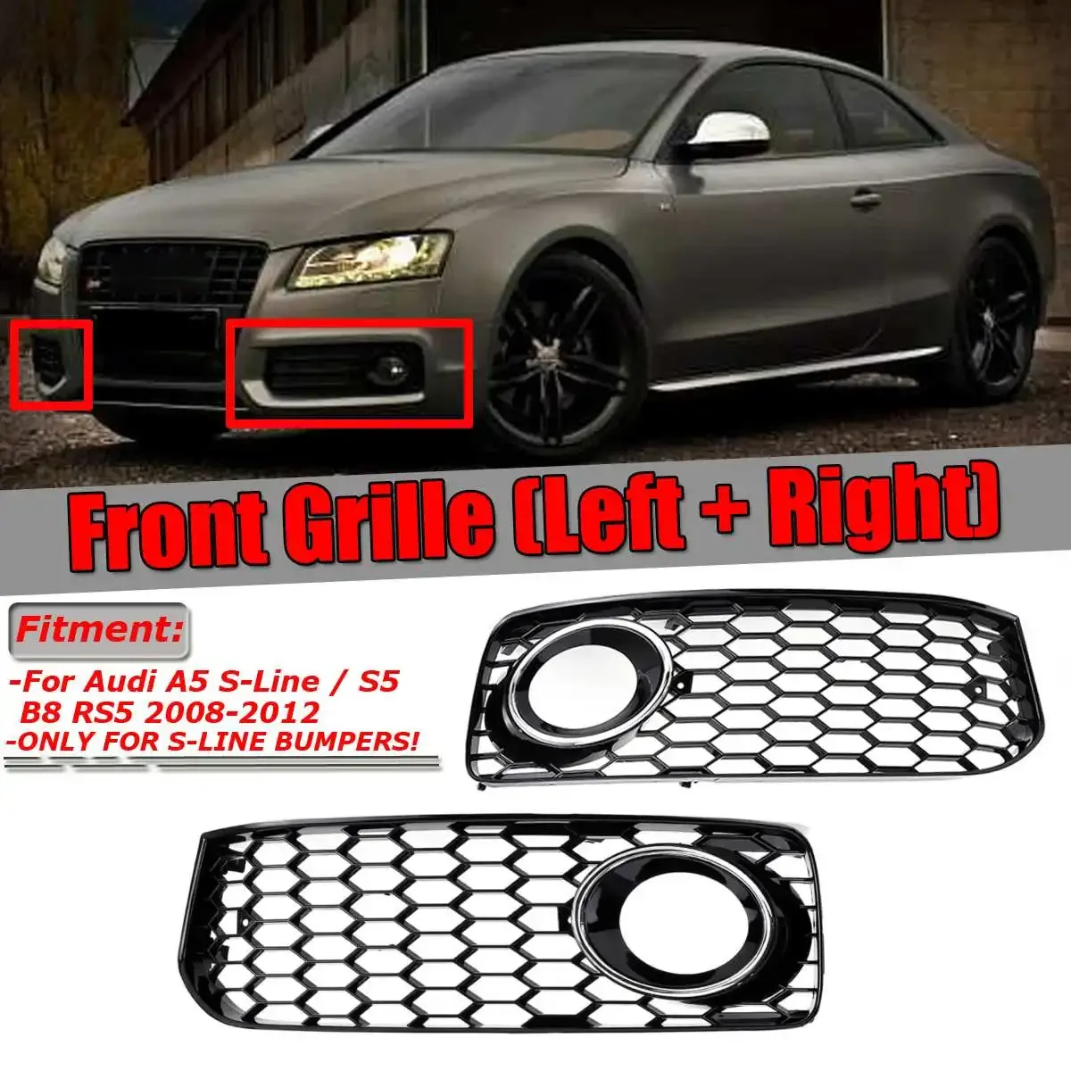 

Chrome Silver/Black 2x Car Front Fog Light Grille Grill Lamp Cover Grille Honeycomb Hex For Audi A5 S-Line S5 B8 RS5 2008-2012