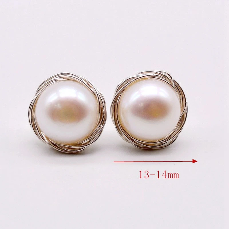 Pearl Earrings White Round Natural Freshwater Pearls Hand Braided Sterling Silver Stud Earrings Women's Stud Earrings Mom Gifts