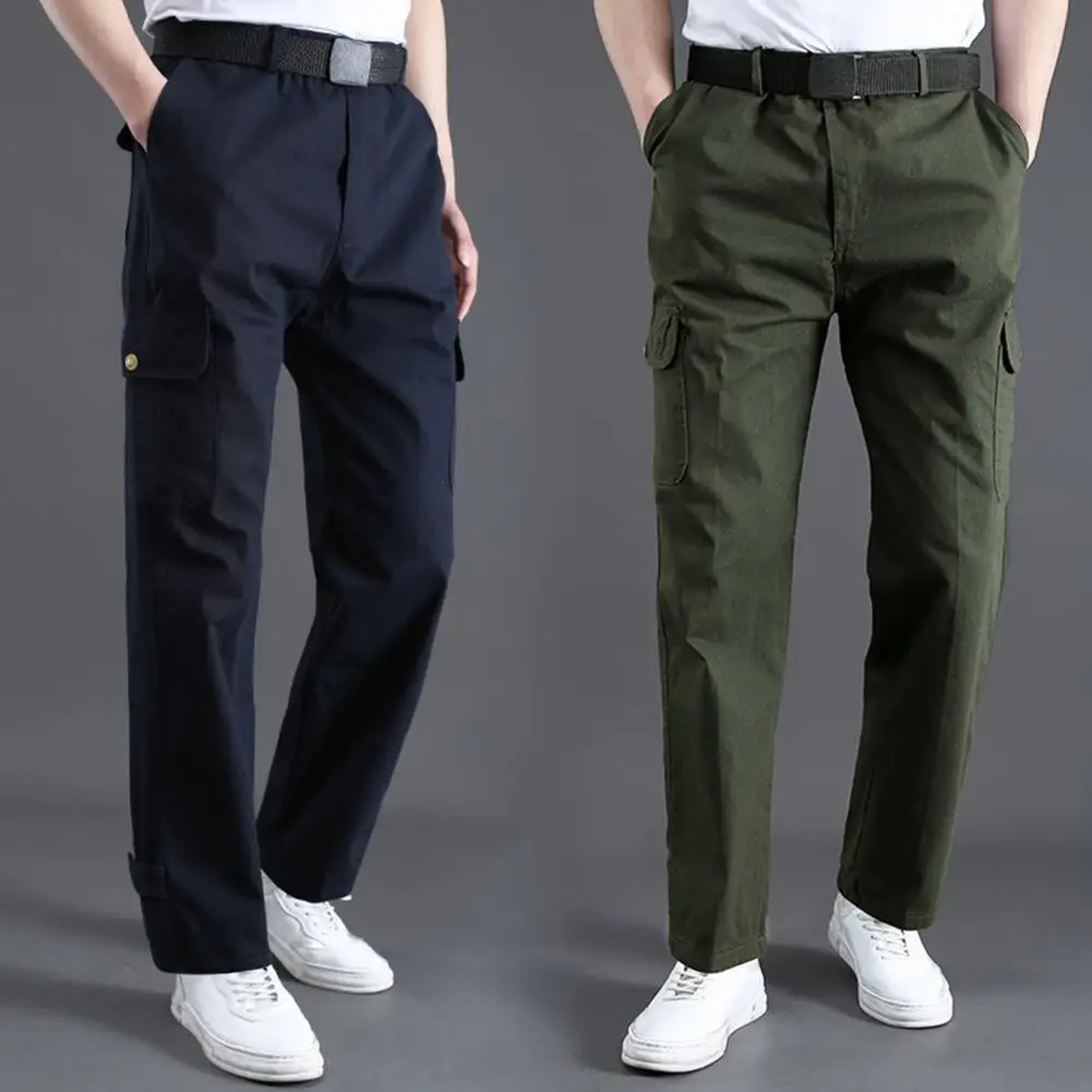 Men Cargo Pants Solid Color Loose Pockets Bottoms Zipper Closure Trousers for Spring Summer Autumn Winter