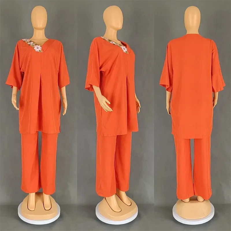 

2024 африканские наряды для женщин, летняя мода в африканском стиле, рукав до локтя, v-образный вырез, полиэстер, юбка, вечерние Брюки, комплекты, африканская одежда для женщин