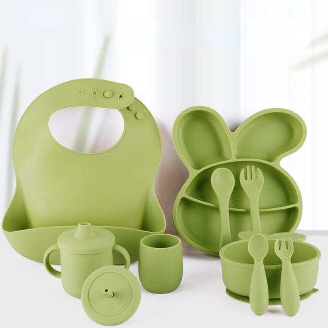 5pcs Baby Feeding Set Including 1 Plate, 1 Bowl, 1 Bib, 1 Fork And 1 Spoon,  Silicone Anti-slip Suction Feeding Bowl With Silicone Spoon And Adjustable  Bib, Waterproof And Quick-drying Bib With