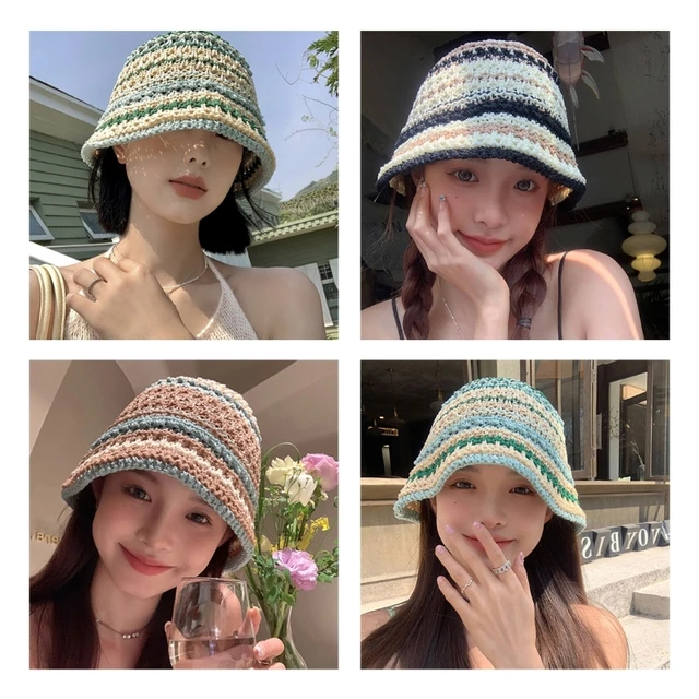 Women Crochet Bucket Hat Plaid Wide Brim Fisherman Hats Outdoor Sun Cup  Beach Head Wear straw Hat