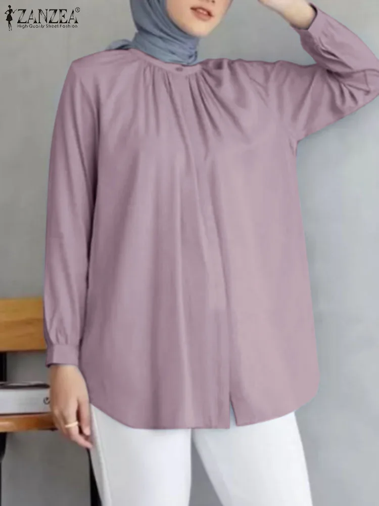 

ZANZEA Women Elegant Muslim Ramadan Turkey Blouse Eid Mubarek Fashion Tops Abaya Islamic Clothing Autumn Long Sleeve Solid Shirt