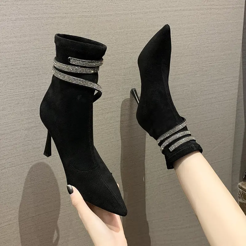 Ankle Boots Women Boots Women Shoes Woman Fashion High-heeled Pointed Flock Boots Spring Autumn Rhinestone Short Boots Drop Ship