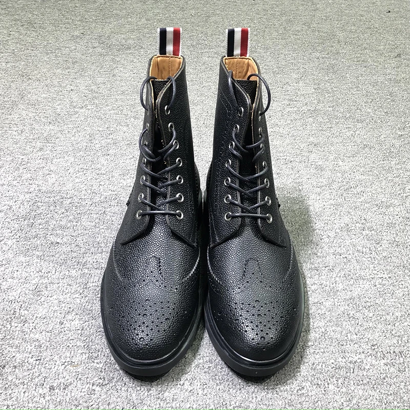 

TB Leather Shoes Fashion Brand Footwear Classic Broguing Black Pebble Grain Wingtip Boot Pebb Black Boots Formal Business Shoes