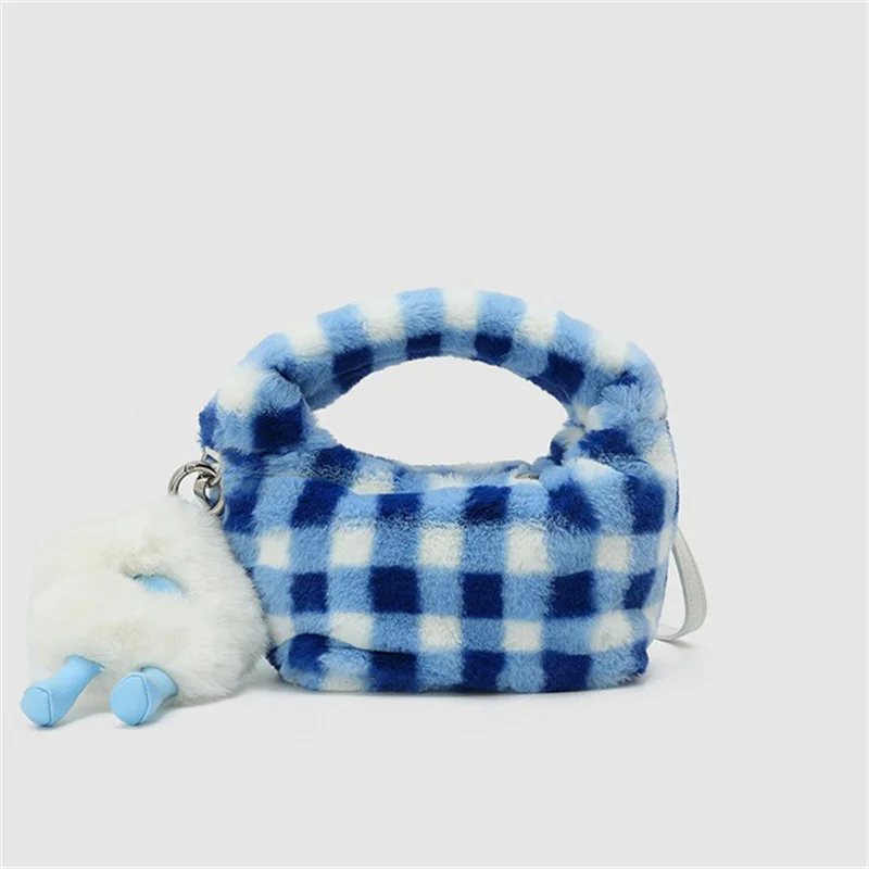Women\'s Chequered Design Luxury Fur Handbag High Quality Faux Fur Handbag Fashion Large Capacity Soft Handle Handbag