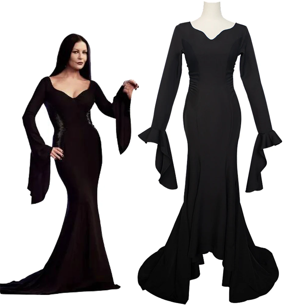 Day Addams Morticia Cosplay Dress Gomez Addams Uniform Dress Movie Morticia Cosplay Costume Parrucche Nere Per Donna Uomo
