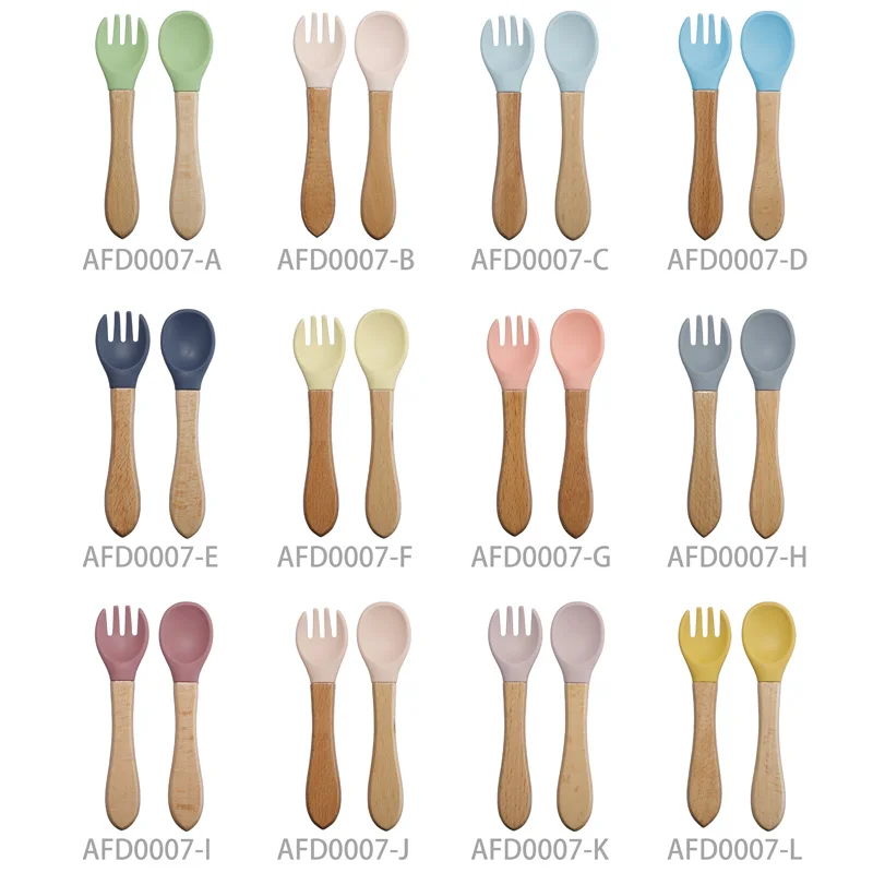 TYRY.HU 2PCS Baby Bamboo Fork Silicone Wooden Baby Feeding Spoon Toddlers Infant Feeding Accessories Organic BPA Free Food Grade 5