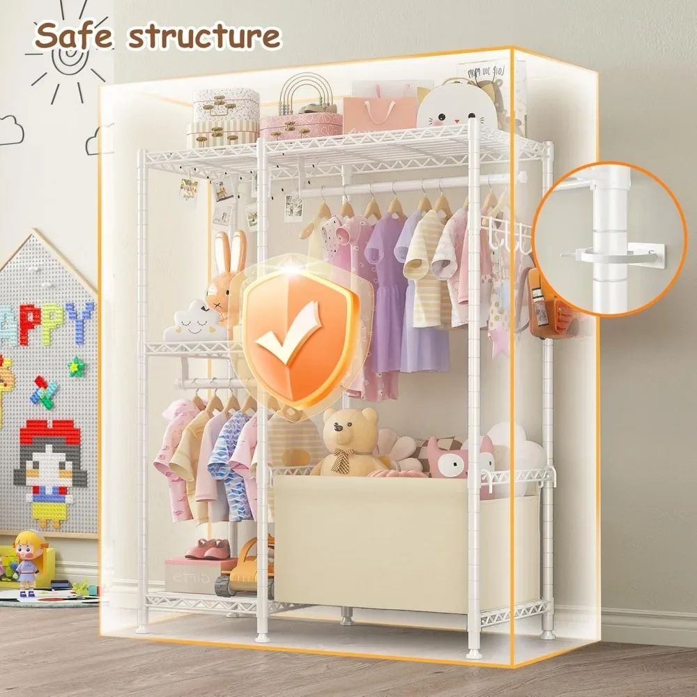 Clothes Rack Small with Shelves for Kids Students Children, Adjustable Girls Garment Rack Boy Wardrobe Closet