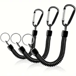 Retractable Spring Coil Keychain with Safety Strap and Carabiner (3pcs black)