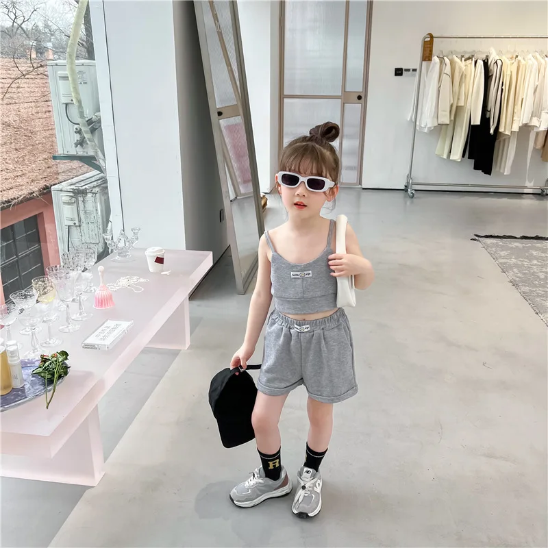 clothes set color	 Girls' Western-Style Leisure Suit 2022 Summer Korean Children'S Letter Embroidered Camisole Shorts Two-Piece Set baby boy clothing sets cheap	