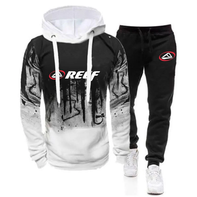 Reef 2023 Men's New Long Sleeves Printing Gradient Color Hoodies Casual Jackets Sporting Hip Hop Coats Tops + Trouser Suits