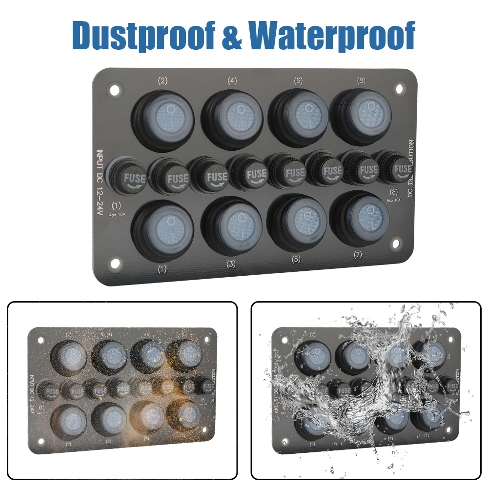 8 Gang Marine Switch Panel, Boat Rocker Switch Panel Waterproof, 12V Aluminum Switch Panel, Marine Toggle Switches ON/Off With Circuit Breaker 5A 10A 15A For Car RV Truck (Blue) In - Foto 3