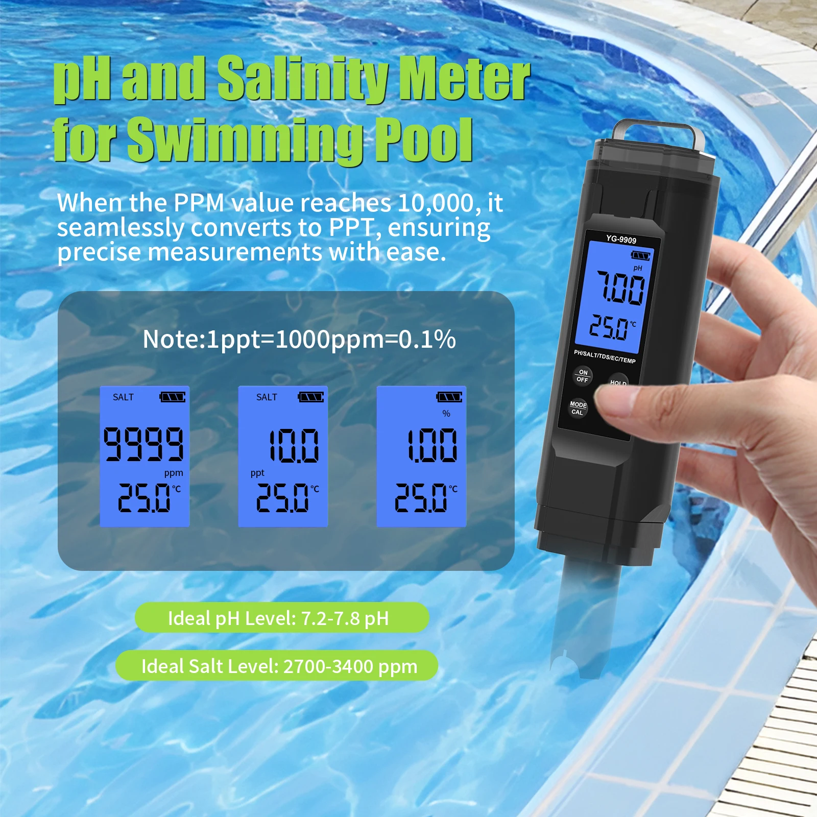 6-in-1 Water Quality Tester - PH/TDS/EC/Salt/Temperature Meter For Pools, Drinking Water & Aquariums