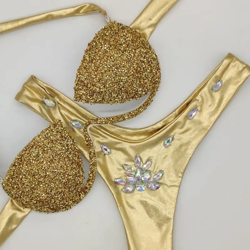 2023 New Hot Diamond Bikini, Lace Up High Waist Open Back Three Point Sexy Swimwear, Silver Shiny Night Club Performance Dress