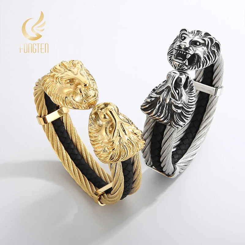 Fongten Punk Cuff Bracelet For Men Double Lion Head Stainless Steel Three Layer Twisted Cable Cool Male Bangles Bracelet Jewelry