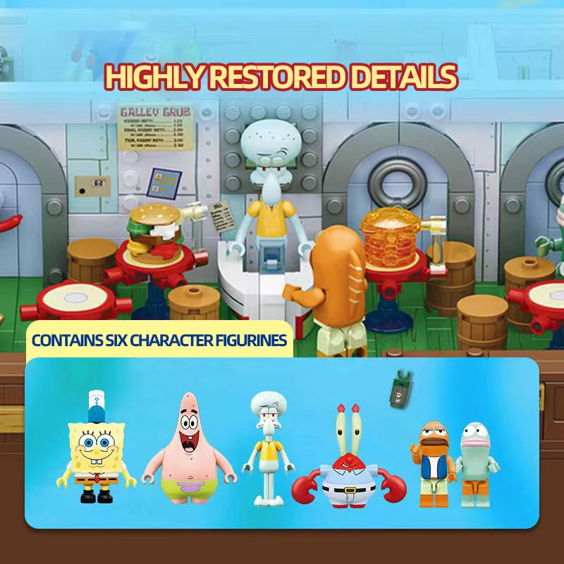 Spongebob Cartoon Krusty Krab Restaurant Building Blocks Creative Canteen Scenes Model Bricks Desktop Ornaments Toy For Kid Gift 5