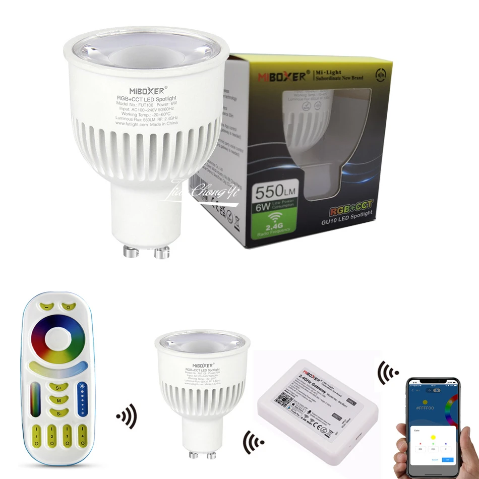 GU10 6W RGB+CCT LED Spotlight FUT106 RGBCCT Dimmable Bulb 85 265V FUT092 RF  2.4G Remote WL Box1 WiFi Wireless Control set|LED Spotlights| - AliExpress