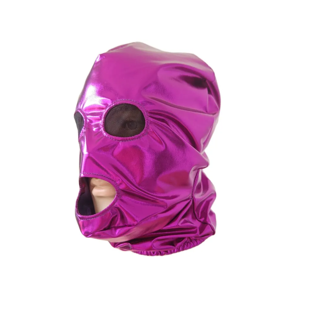 

Purple hood Adult unisex Zentai Costumes Party Accessories mask Halloween Cosplay Costumes Shiny Metallic Mask open eyes mouth