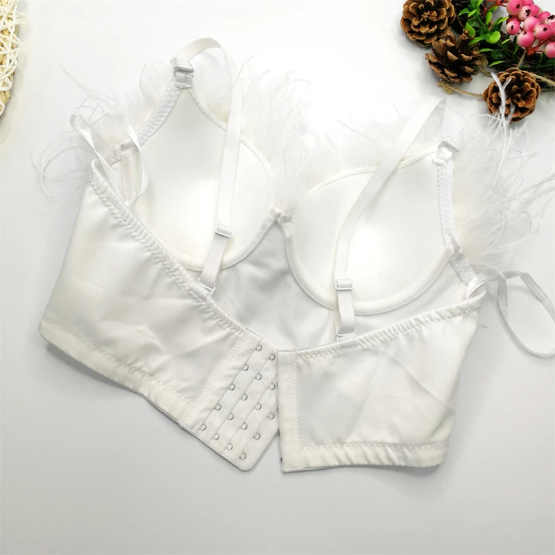 Vintage Feather Crop Tops Sexy Women Camisole Corset Deep-V Bustier Nightclub Party Push Up Bras New Fashion Ladies Tube Top