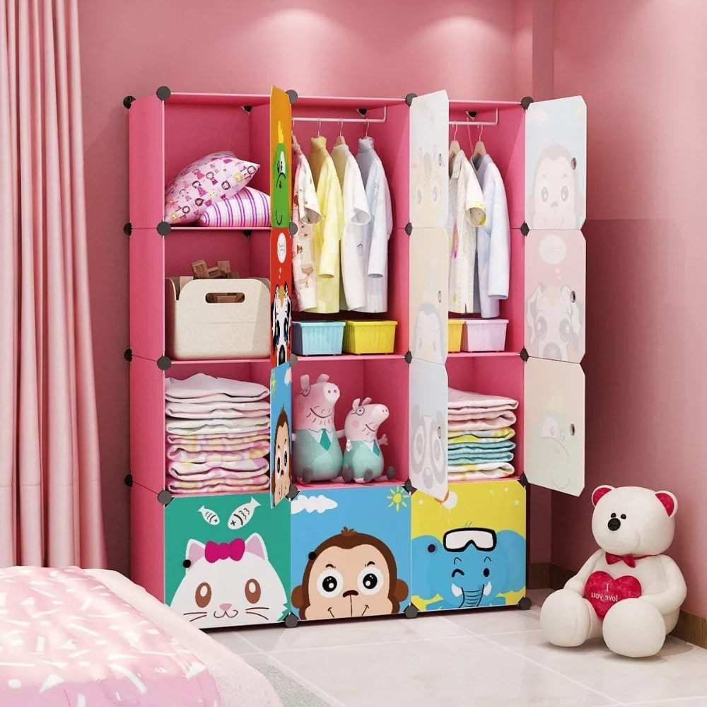 

Children Wardrobe Kid Dresser Cute Baby Portable Closet Bedroom Armoire Clothes Hanging Storage Rack