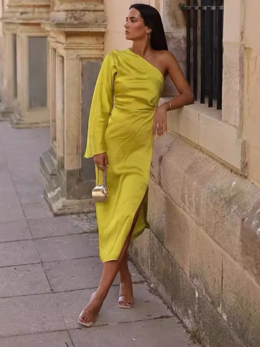 

One Shoulder Irregular Satin Women Midi Dresses Long Flare Sleeve Split Pleated Robes For Female Elegant Vintage Ladies Vestidos