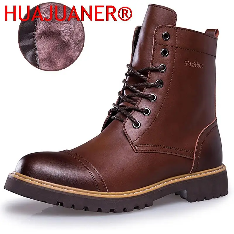 Genuine Leather Men\'s Boots Plush Warm Winter Boots High Quality Men Motorcycle Boots Fashion Tooling Shoes