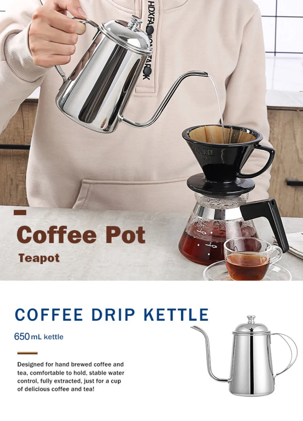 Description Picture 2 of item650ml Gooseneck Coffee Pot Thickened 304 stainless steel Drip Coffee Hand Brew Moka Pot Cold Brew Espresso Kettle Coffeeware